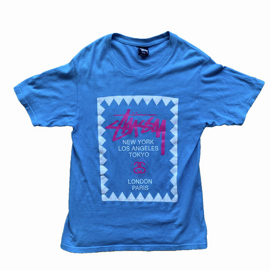 Stussy World Tour T-Shirt in Blue, White, and Pink